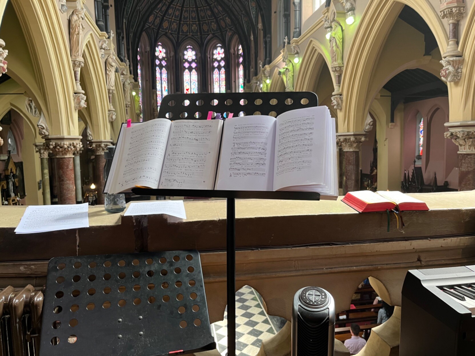 View from the organ gallery in the Church of Peter and Paul, with Gregorian chant books on a music stand