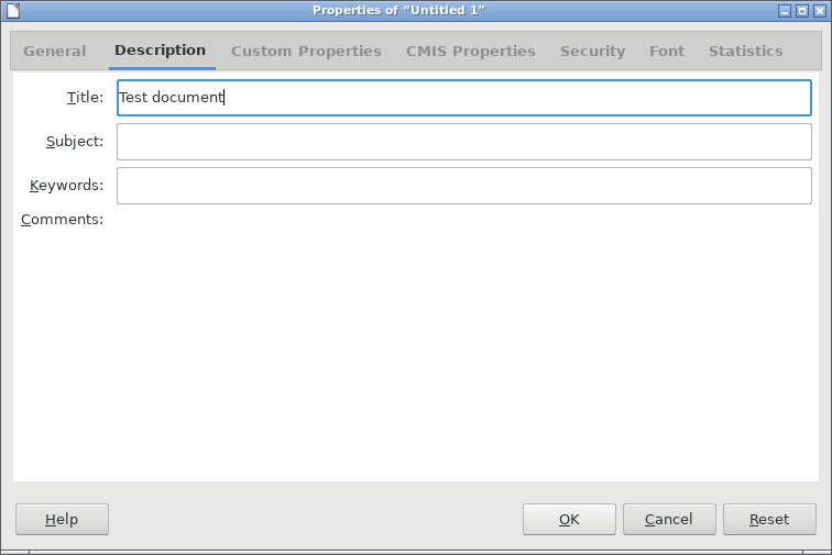 Libre Office Writer file properties dialog