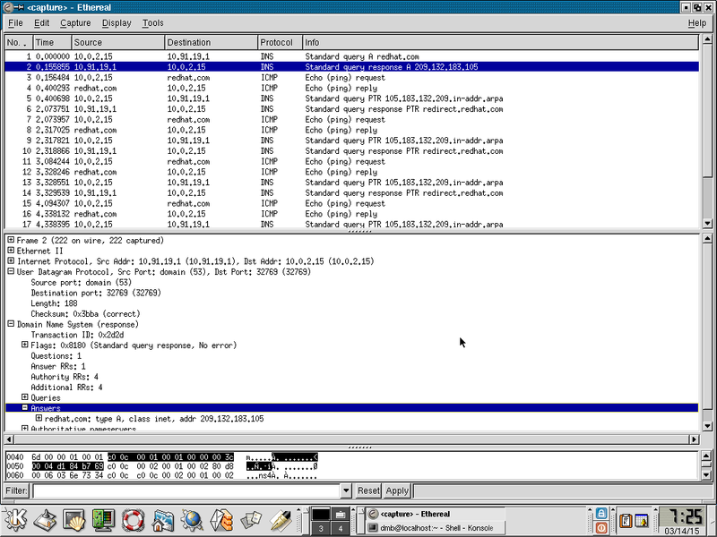 Traffic dump of pinging redhat.com displayed in Ethereal