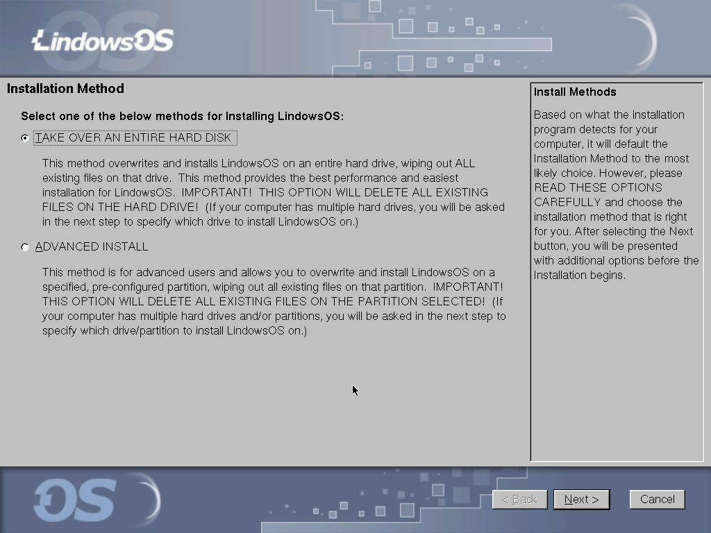 Lindows install method choice