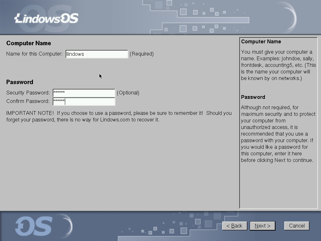 Lindows computer name setup