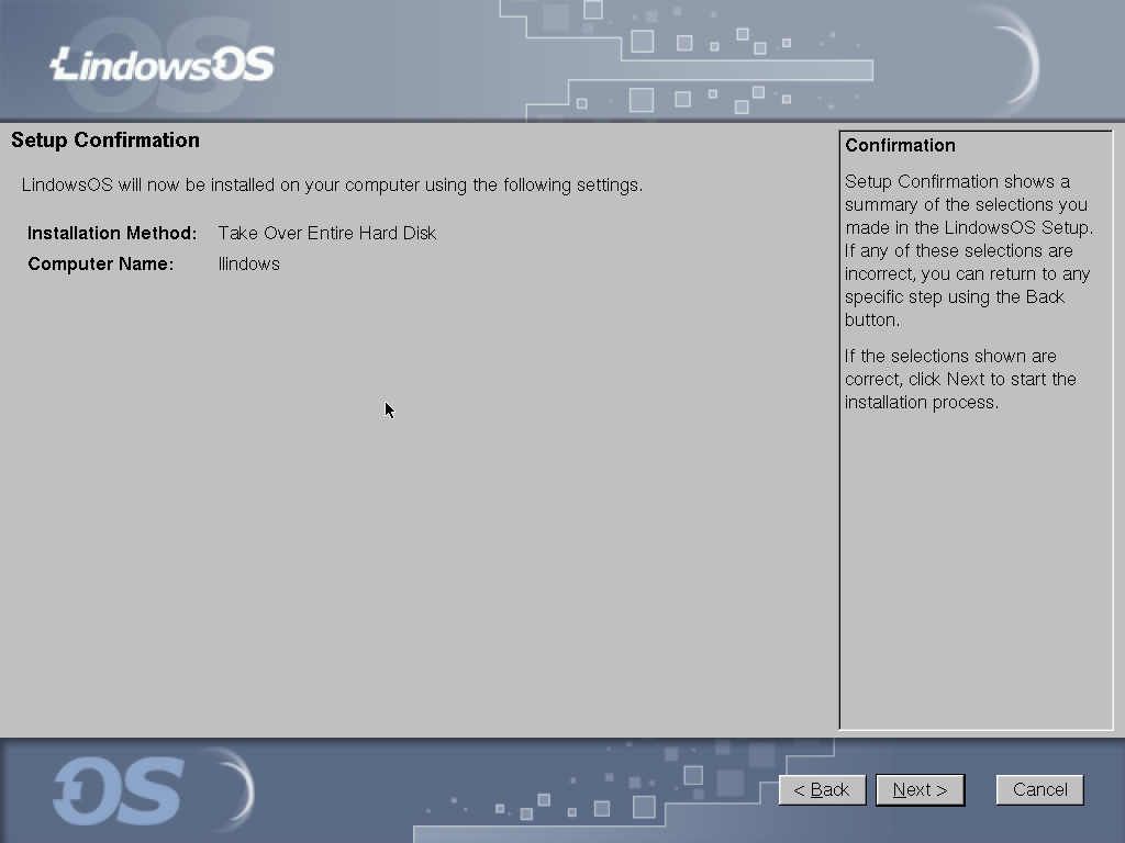 Lindows setup confirmation
