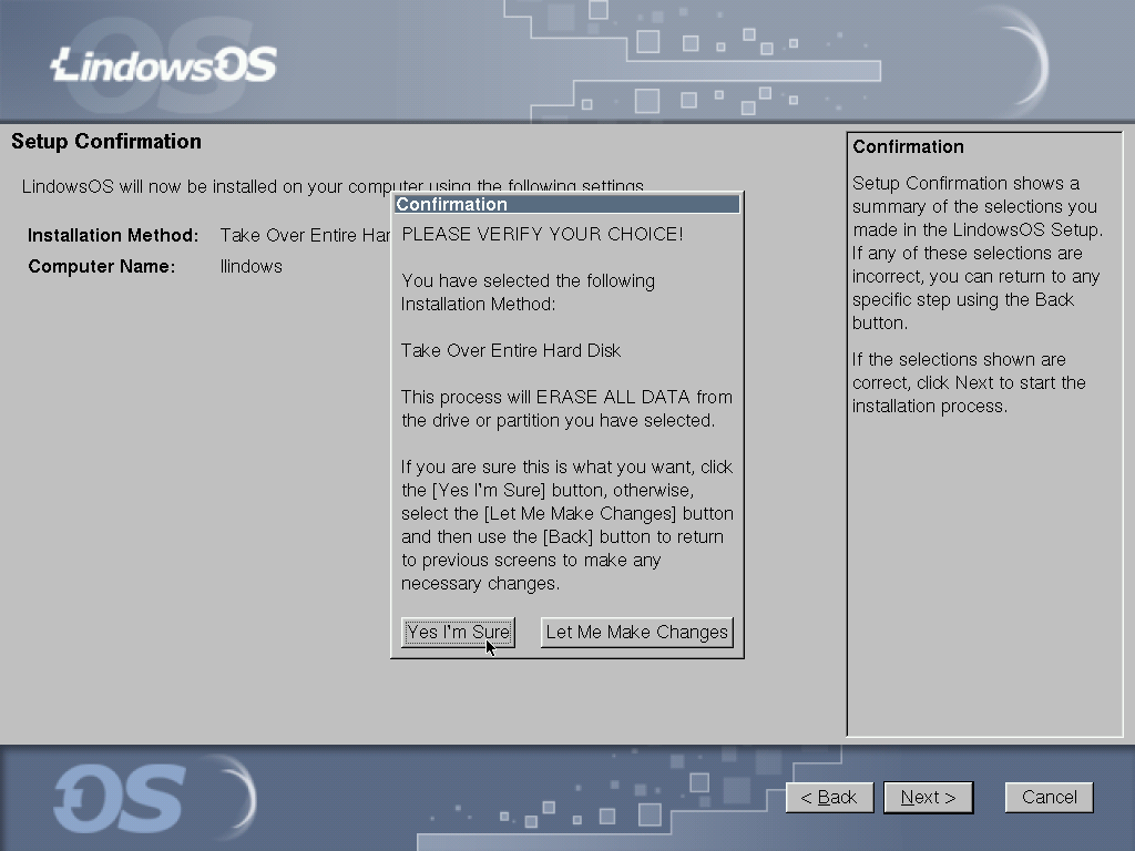 Lindows setup confirmation, final