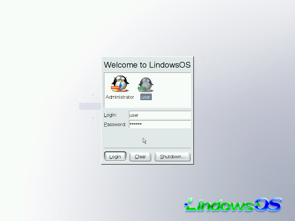 Lindows login screen, multi-user