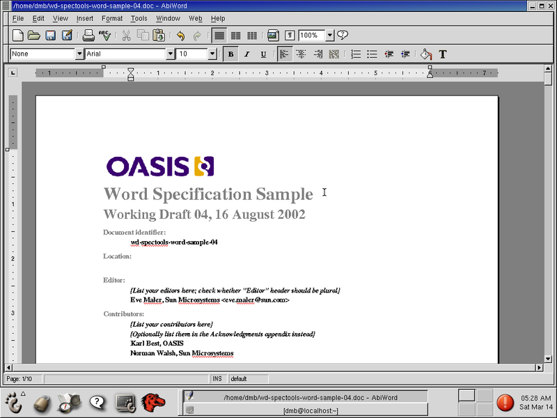 OASIS Word specification sample opened in AbiWord